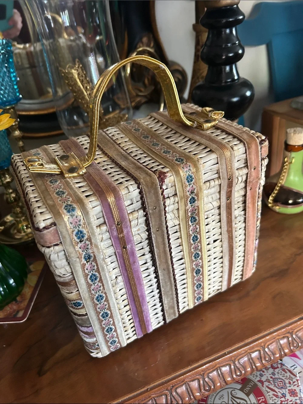 Vintage Woven Wicker Box Handbag with Ribbon Trim